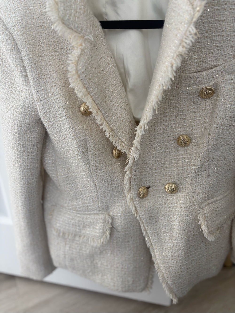 Dress Forum Ivory Tweed Double-Breasted Blazer with Gold Buttons